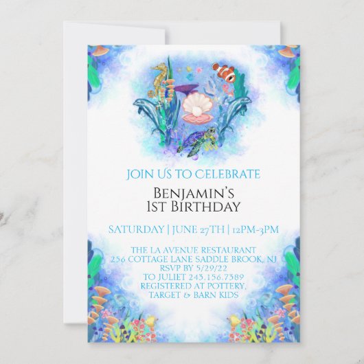 Ocean Zee Animals 1e Birthday Invitation Kaart (Voorkant)