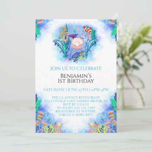 Ocean Zee Animals 1e Birthday Invitation Kaart (Staand voorkant)