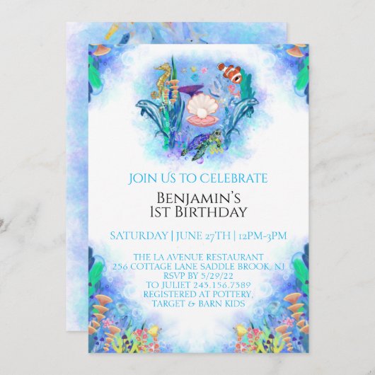 Ocean Zee Animals 1e Birthday Invitation Kaart (Voorkant / Achterkant)