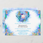 Ocean Zee Animals 1e Birthday Invitation Kaart (Voorkant / Achterkant)