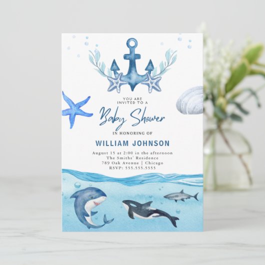 Ocean & Zee Baby shower Invitation Kaart (Staand voorkant)