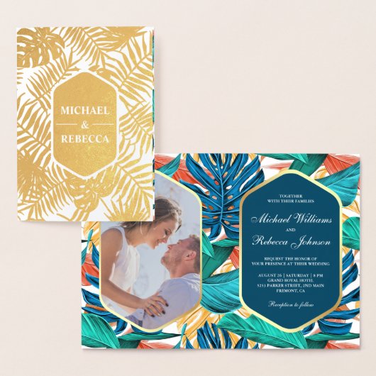 Ocean Zee Blue Gold Foil Tropical Wedding Invite Folie Kaarten (Display)