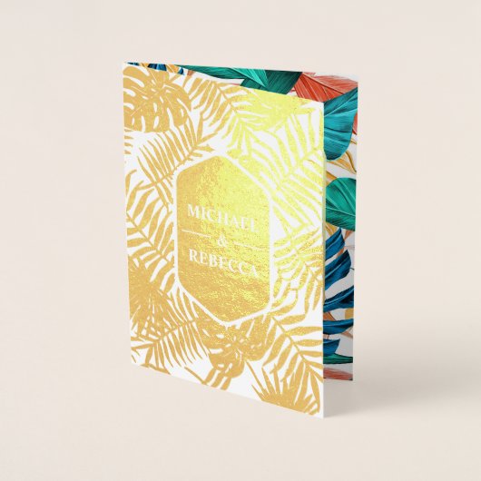 Ocean Zee Blue Gold Foil Tropical Wedding Invite Folie Kaarten (Voorkant)