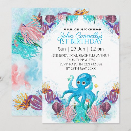 Ocean Zee Colorful Boy Octopus Birthday Kaart (Voorkant / Achterkant)