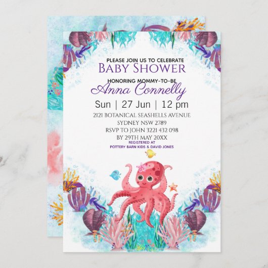 Ocean Zee Colorful Pink Octopus Baby shower Kaart (Voorkant / Achterkant)