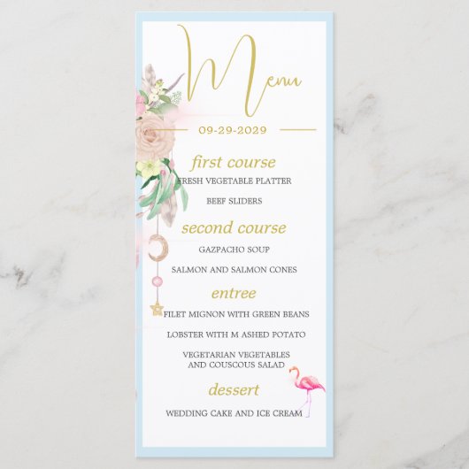 Ocean Zee Flamingo Bloemen Juwelen Roze Bruiloft M Menu (Voorkant)