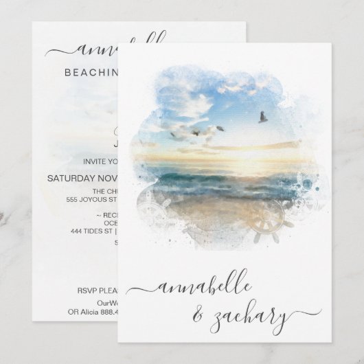 *~* Ocean Zee Helm RSVP - Beach QR7 Wedding Inv Kaart (Voorkant / Achterkant)