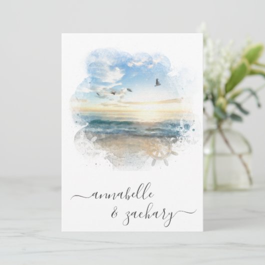 ** Ocean Zee Helm RSVP - Strand QR AR7 Huwelijk Kaart (Staand voorkant)