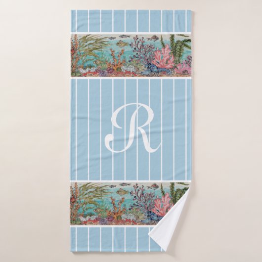 Ocean Zee Life Fish Blue Monogram Beach House Badhanddoek (Badhanddoek)