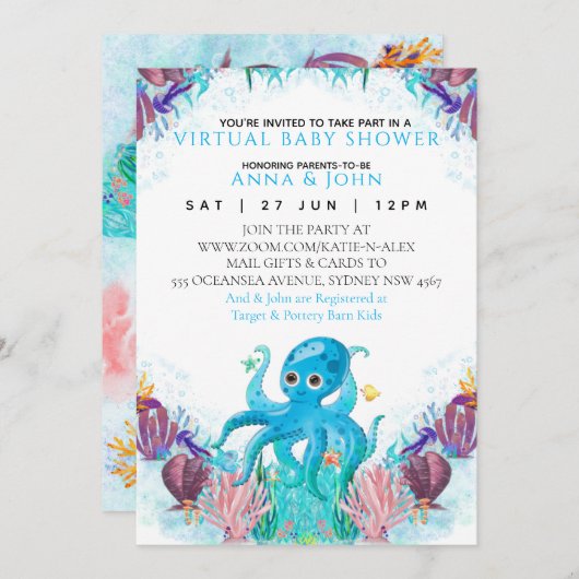 Ocean Zee Octopus Colorful Virtual Baby shower I Kaart (Voorkant / Achterkant)
