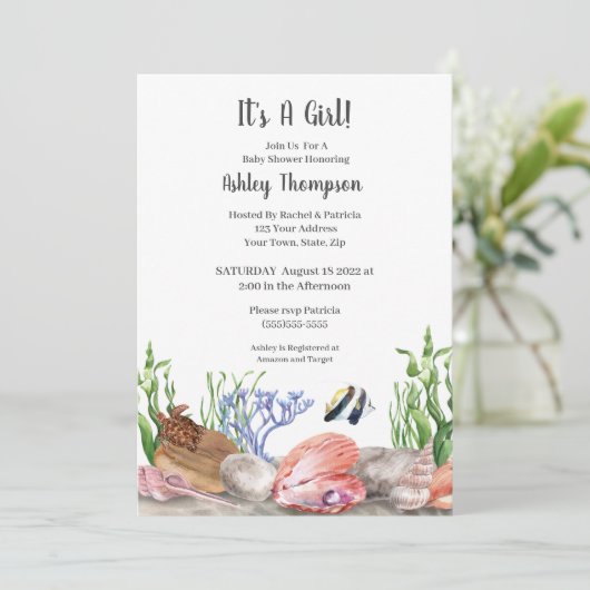 Ocean Zee Turtle Girls Baby shower Invitation Kaart (Staand voorkant)