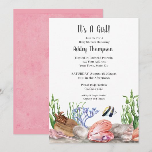 Ocean Zee Turtle Girls Baby shower Invitation Kaart (Voorkant / Achterkant)