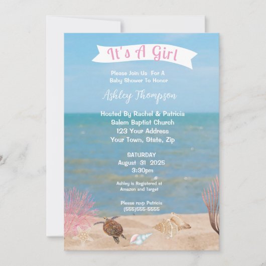 Ocean Zee Turtle Girls Baby shower Invitation Kaart (Voorkant)