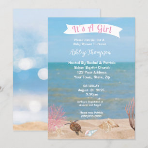 Ocean Zee Turtle Girls Baby shower Invitation Kaart