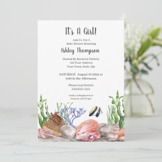 Ocean Zee Turtle Girls Baby shower Invitation Kaart (Staand voorkant)