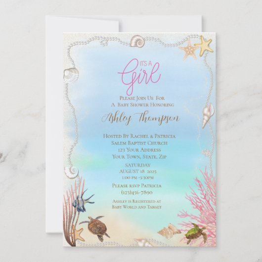 Ocean Zee Turtle Girls Baby shower Invitation Kaart (Voorkant)