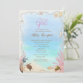 Ocean Zee Turtle Girls Baby shower Invitation Kaart (Staand voorkant)