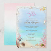 Ocean Zee Turtle Girls Baby shower Invitation Kaart (Voorkant / Achterkant)