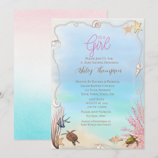 Ocean Zee Turtle Girls Baby shower Invitation Kaart (Voorkant / Achterkant)