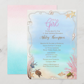 Ocean Zee Turtle Girls Baby shower Invitation Kaart