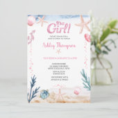 Ocean Zee Turtle Pink Girls Starfish Baby shower Kaart (Staand voorkant)