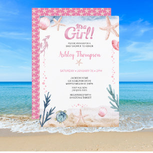 Ocean Zee Turtle Pink Girls Starfish Baby shower Kaart
