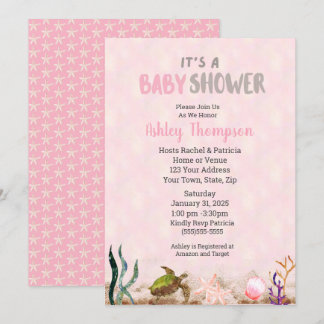 Ocean Zee Turtle Pink Girls Starfish Baby shower Kaart