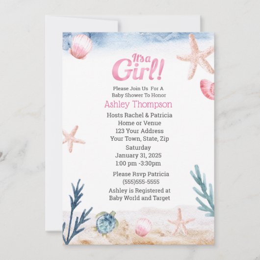 Ocean Zee Turtle Pink Girls Starfish Baby shower Kaart (Voorkant)