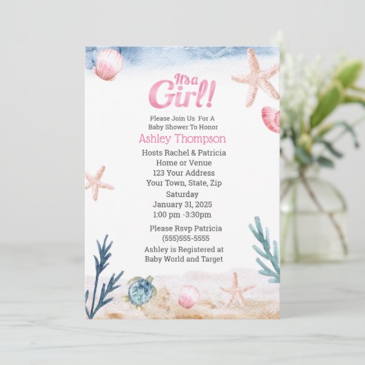 Ocean Zee Turtle Pink Girls Starfish Baby shower Kaart (Staand voorkant)