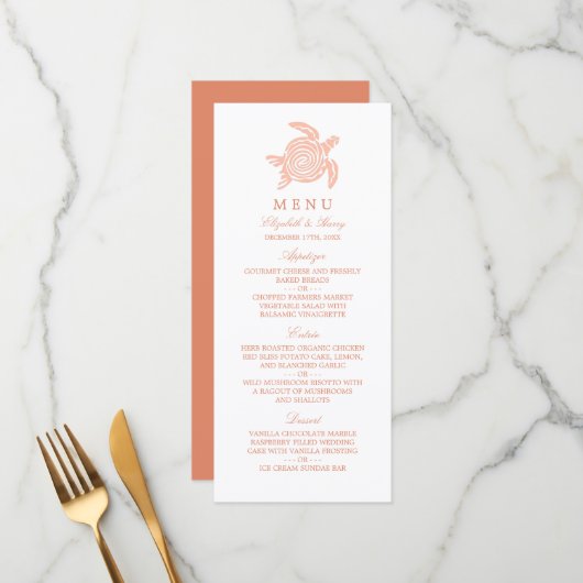 Ocean Zee Turtle, Soft Coral Beach Wedding Menu (Voorkant / Achterkant in situ)