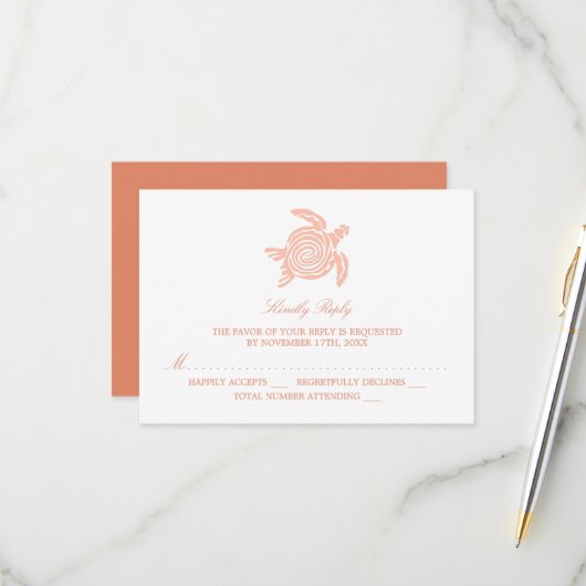 Ocean Zee Turtle, Soft Coral Beach Wedding RSVP Kaartje (Voorkant / Achterkant in situ)