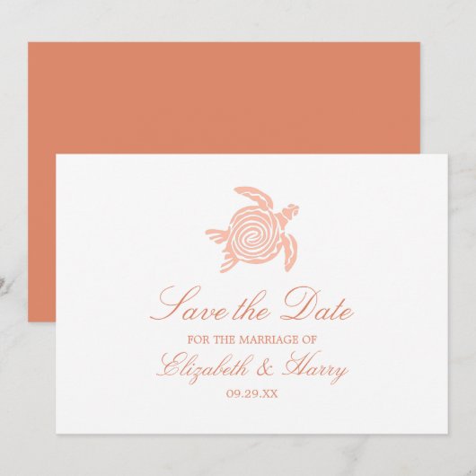Ocean Zee Turtle, Soft Coral Beach Wedding Save The Date (Voorkant / Achterkant)