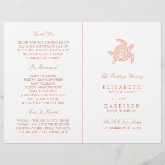 Ocean Zee Turtle, Soft Coral Wedding Programme (Voorkant)