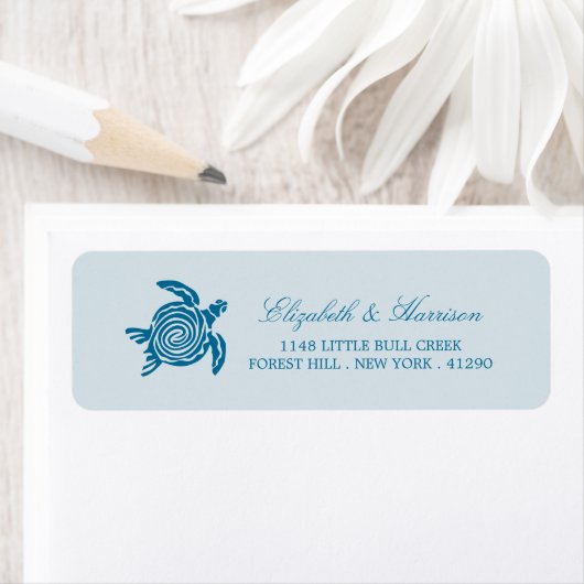 Ocean Zee Turtle, Zee Blue Beach Wedding Labels (Insitu)