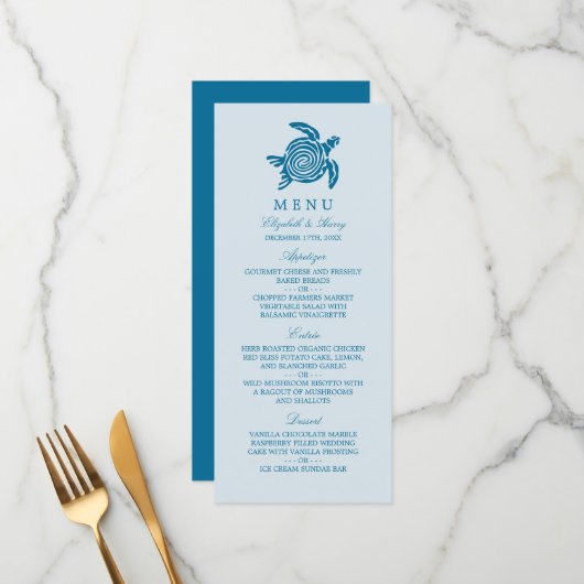 Ocean Zee Turtle, Zee Blue Beach Wedding Menu (Voorkant / Achterkant in situ)