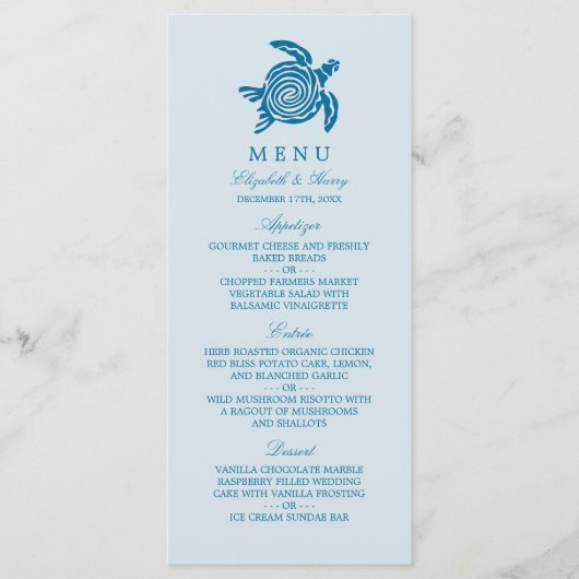 Ocean Zee Turtle, Zee Blue Beach Wedding Menu (Voorkant)