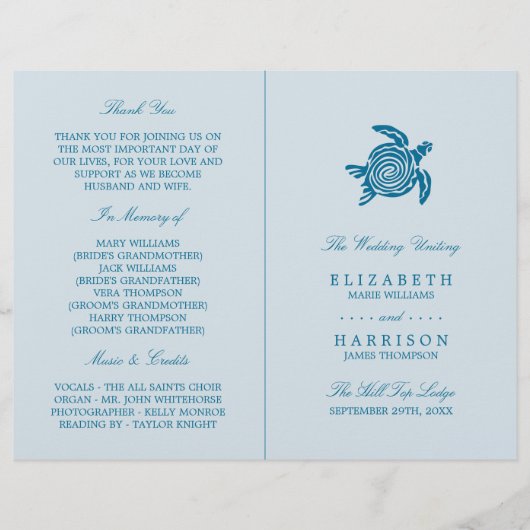Ocean Zee Turtle, Zee Blue Beach Wedding Programme (Voorkant)
