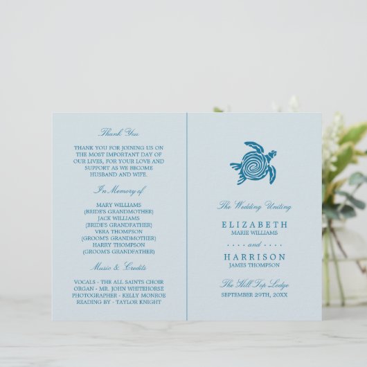 Ocean Zee Turtle, Zee Blue Beach Wedding Programme (Staand voorkant)