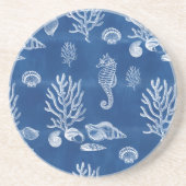 Ocean Zeepaardje in Blauw & Wit Zandsteen Onderzetter (Voorkant)