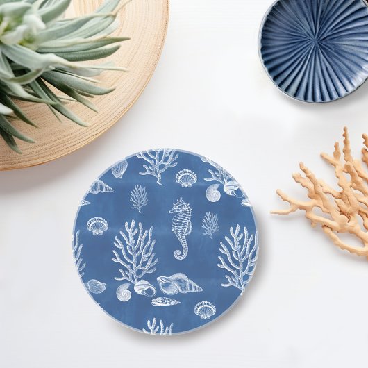 Ocean Zeepaardje in Blauw & Wit Zandsteen Onderzetter