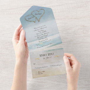 Oceanaquarel met harten all in one uitnodiging