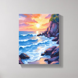 Oceanbaai Zonsondergang | Waterverf Strand Oever Canvas Afdruk