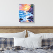 Oceanbaai Zonsondergang | Waterverf Strand Oever Canvas Afdruk (Insitu (Slaapkamer))