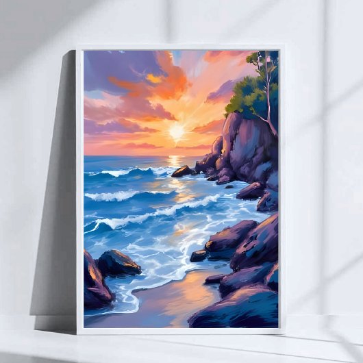 Oceanbaai Zonsondergang | Waterverf Strand Oever Poster