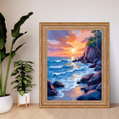 Oceanbaai Zonsondergang | Waterverf Strand Oever Poster