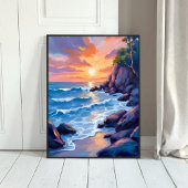 Oceanbaai Zonsondergang | Waterverf Strand Oever Poster