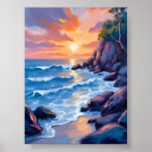 Oceanbaai Zonsondergang | Waterverf Strand Oever Poster (Voorkant)