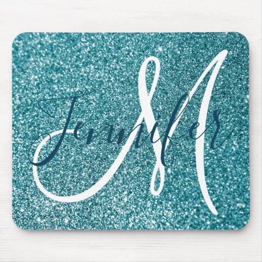 Oceanblauw Turquoise Nep Glitter Persoonlijk Monog Muismat (Voorkant)