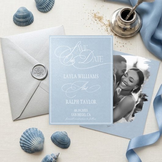 Oceanblauwe Kust Romantische Bruiloft Save The Date