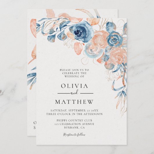 Oceanblauwe Rozen Koraal Bestemming Trouwfeest Kaart (Voorkant / Achterkant)